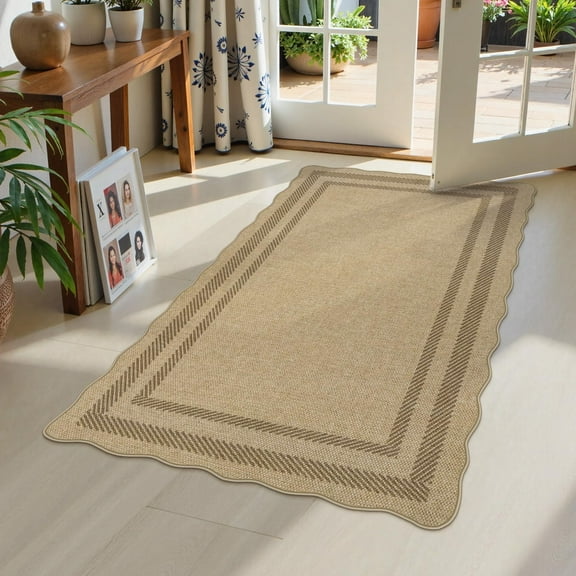 Geometric jute rug 3x5, scalloped non slip washable tan rug, indoor outdoor entryway farmhouse carpet, modern area mat for bedroom living room kitchen, brown