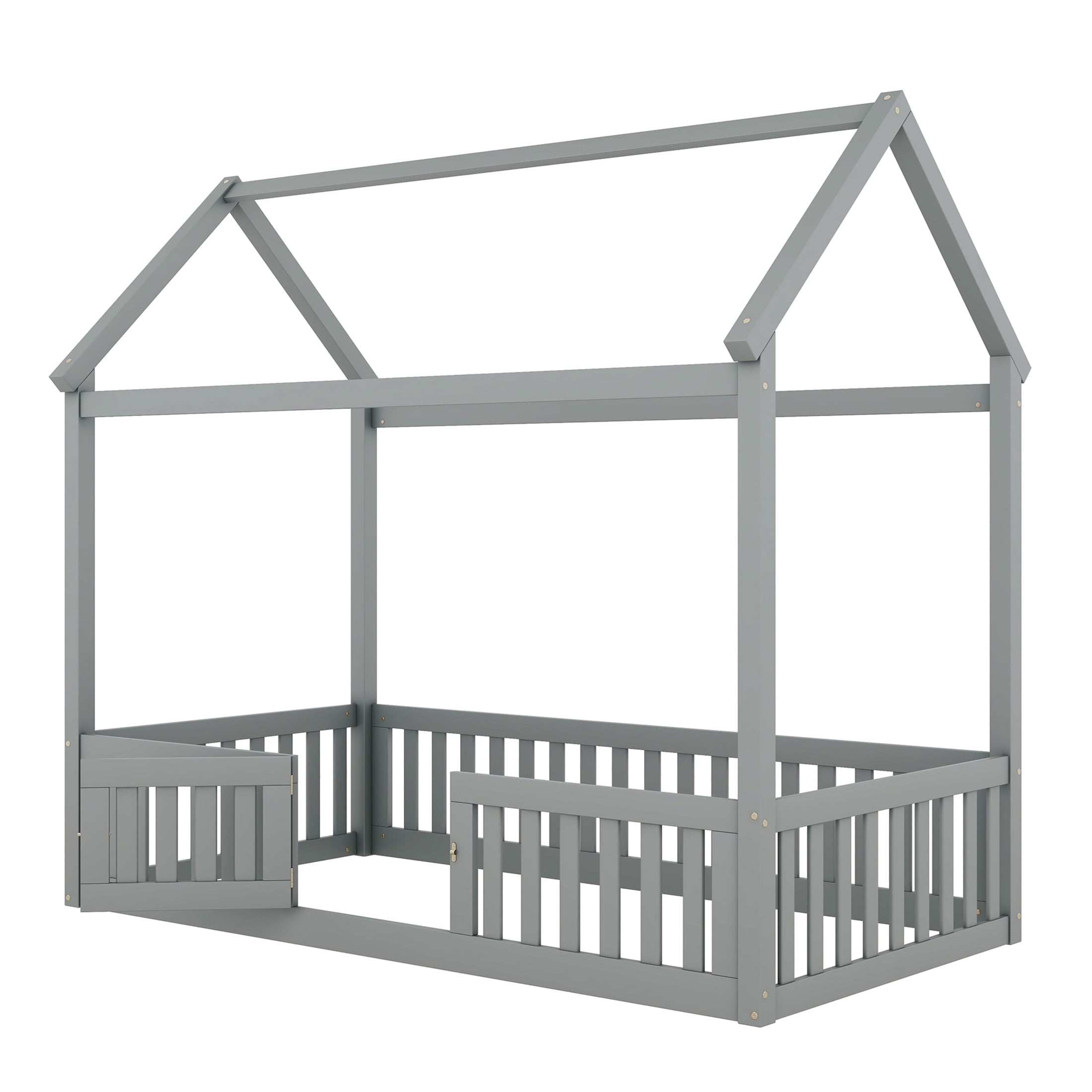 Noble House Solri Twin Size Wood House Bed with Fence and Door, Whimsical Play Bed with Sky Roof, Gray