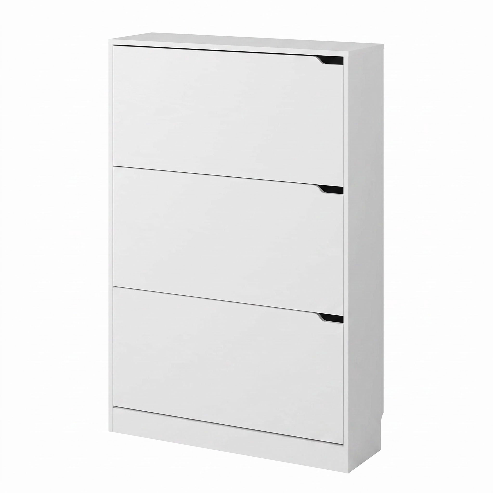 Ultra Thin Flip Shoe Cabinet, 8.66" Deep Narrow Freestanding Shoe Storage Organizer, 3 Adjustable Tier Tipping Drawers with Anti-Tip Device for Entryway, Matte White, 31.5" W x 47.24" H