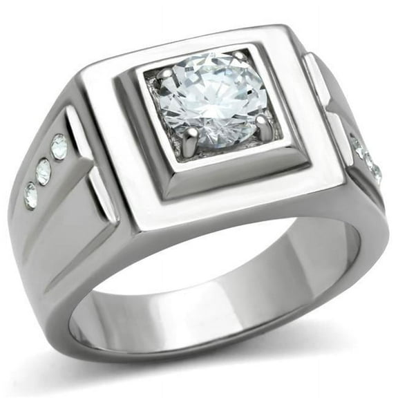Alamode TK313-10 Men High Polished Stainless Steel Ring with AAA Grade CZ in Clear - Size 10