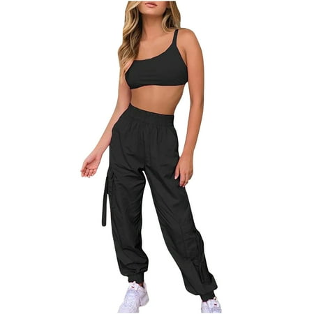 Mrat Workout Sets for Women 2 Piece Cropped Strap Bra Tank High Waist Cargo Pants Yoga Outfits Sportswear Jogging Suit Two Piece Running Suit Set S-77 Black 3XL