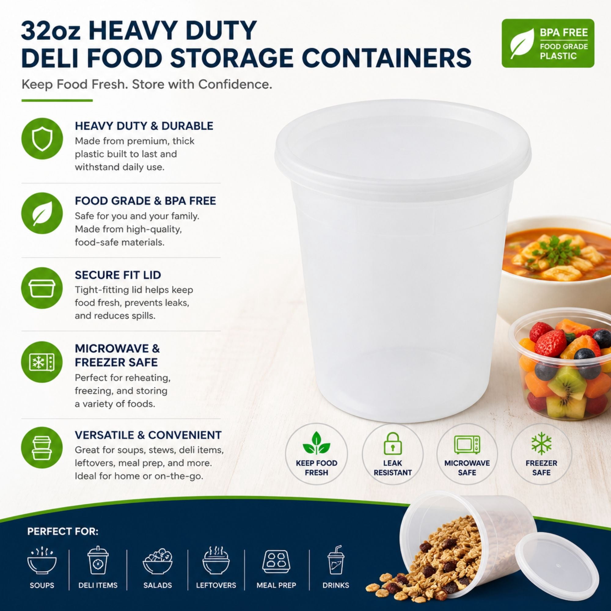 Heavy Duty 32 Oz Deli Food Storage Containers with Airtight Lids, BPA Free Leak Proof Plastic Meal Prep Containers, Clear, Set of 96