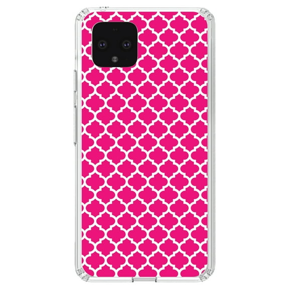 DistinctInk Clear Shockproof Hybrid Case for Google Pixel 4 (5.7" Screen) - TPU Bumper, Acrylic Back, Tempered Glass Screen Protector - Hot Pink White Moroccan Lattice