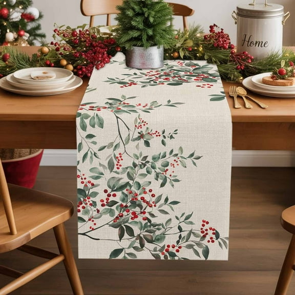 Burlap Table Runner 36 Inches Long,Farm Red Berries Green Leaves Watercolor Botanical Non-Slip Kitchen Table Runners for Dining Room Everyday Use Party Table Decorations Retro Linen