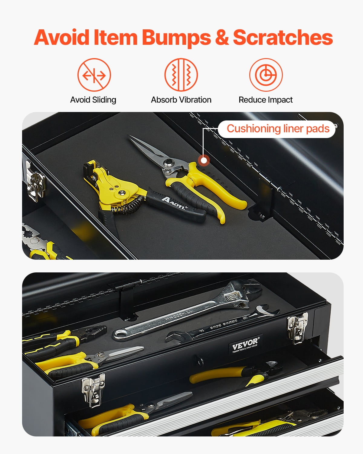 VEVOR Metal Tool Box, 20.5-inch, Portable Metal Tool Box with 3 Drawers, Small Tool Chest with EVA Liners, Ball Bearing Slide Drawers Locking & Powder Coated Finish, Multi-Function Tool Organizer