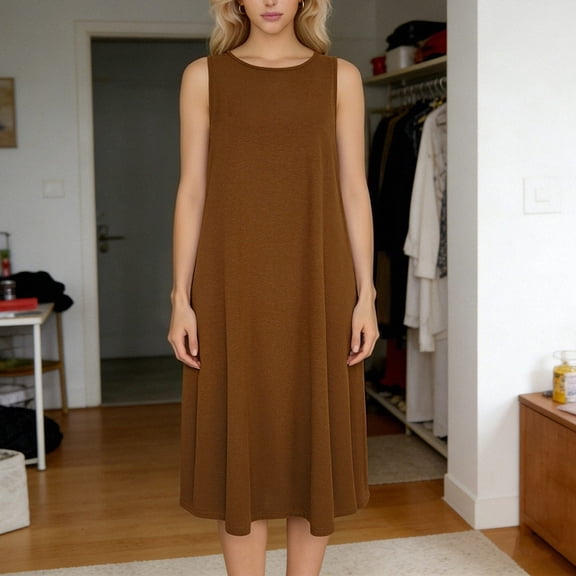 Sakmal Casual Dresses for Women Mumu Long Tank Dress Sleeveless Brown Crew Neck Ladies Sundress L