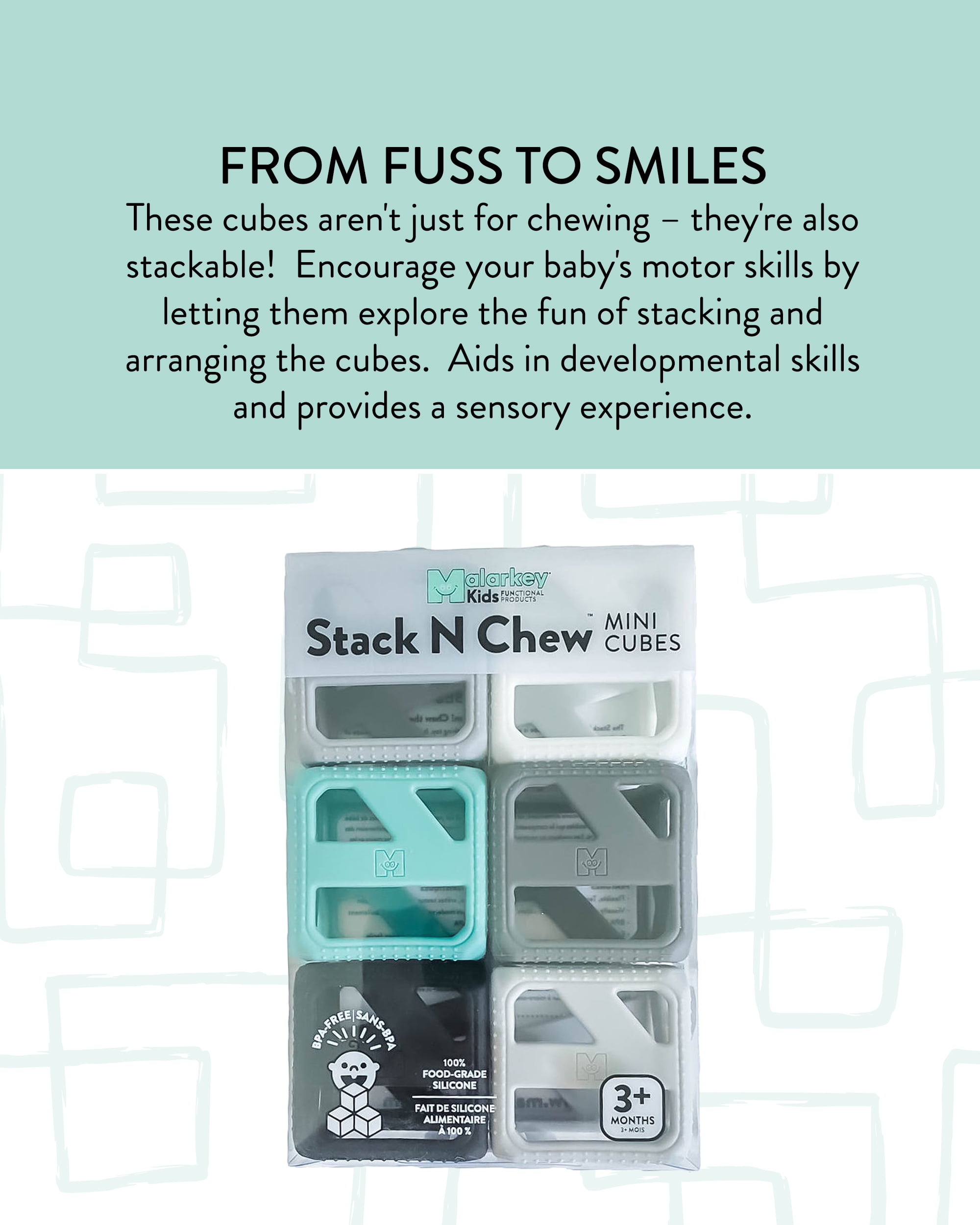 Malarkey Kids Stack N Chew Mini Cubes, Stackable and Chewable Sensory Teething Toy, 6 Pack, Monochrome
