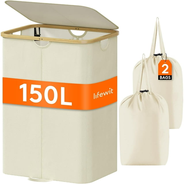 Lifewit 150L Double Laundry Hamper with Lid, Large Laundry Basket with Bamboo Handles and Removable Laundry Bags, Foldable Clothes Hampers for Laundry for Bedroom, Bathroom, Dorm, Laundry Room, Black