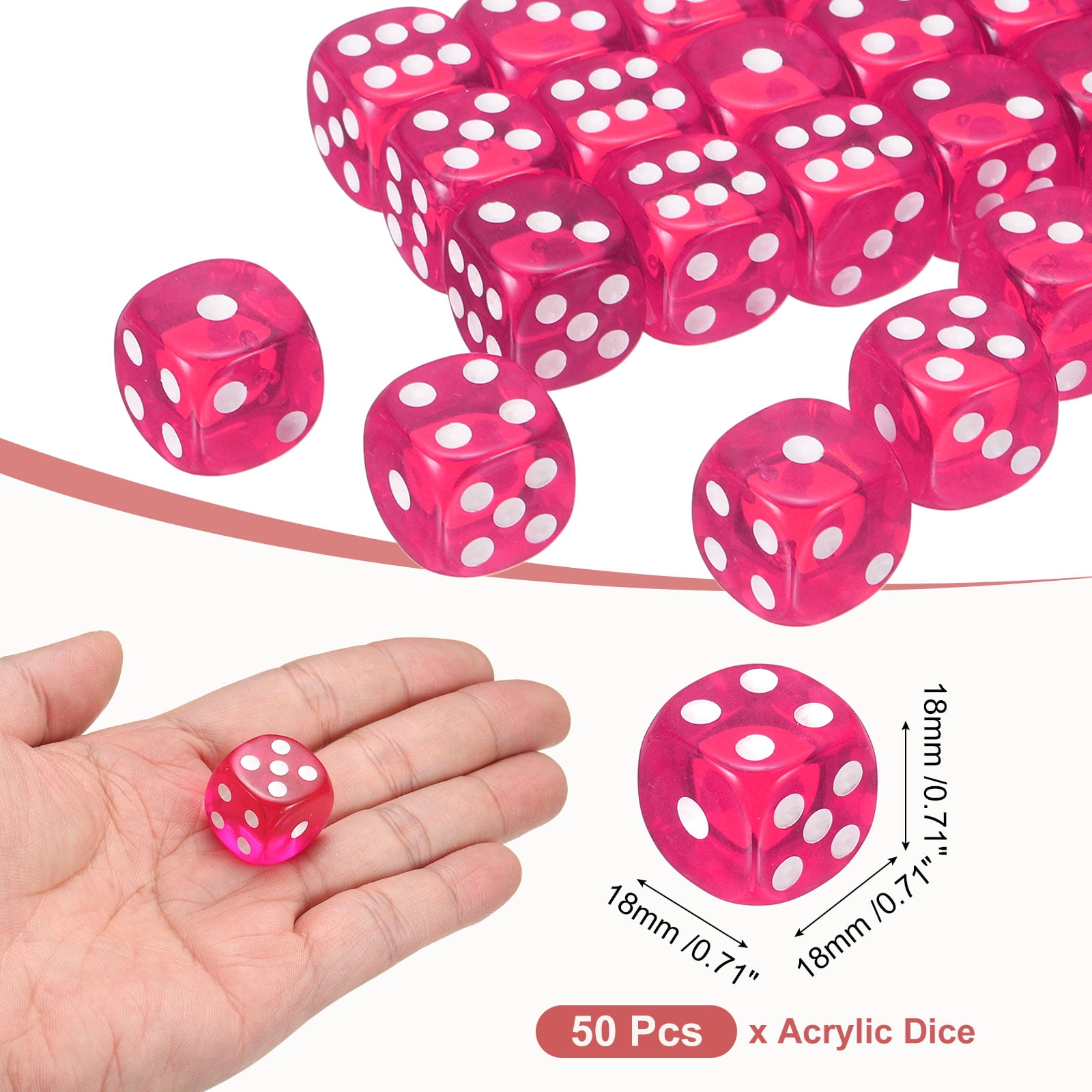 50Pack 6 Sided Acrylic Dice, 18mm/0.71" Rounded Corner Translucent Colored D6 Game Dice for Theme Party Fun Table Board Games, Rose Red