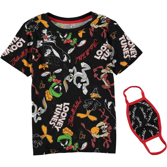 Looney Tunes Boys Short Sleeve T-Shirt Bundle with Face Mask 10-12, Black