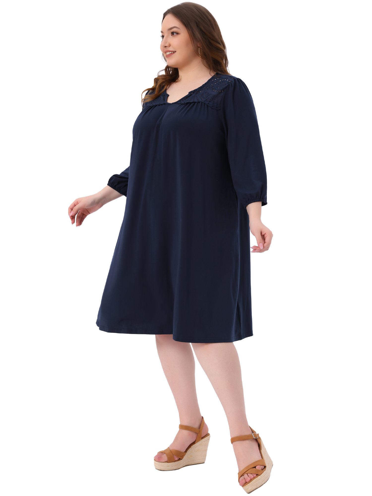 DARING DIVA Plus Size Eyelet Hollow Out Notched V Neck Midi Dress 3X Dark Blue
