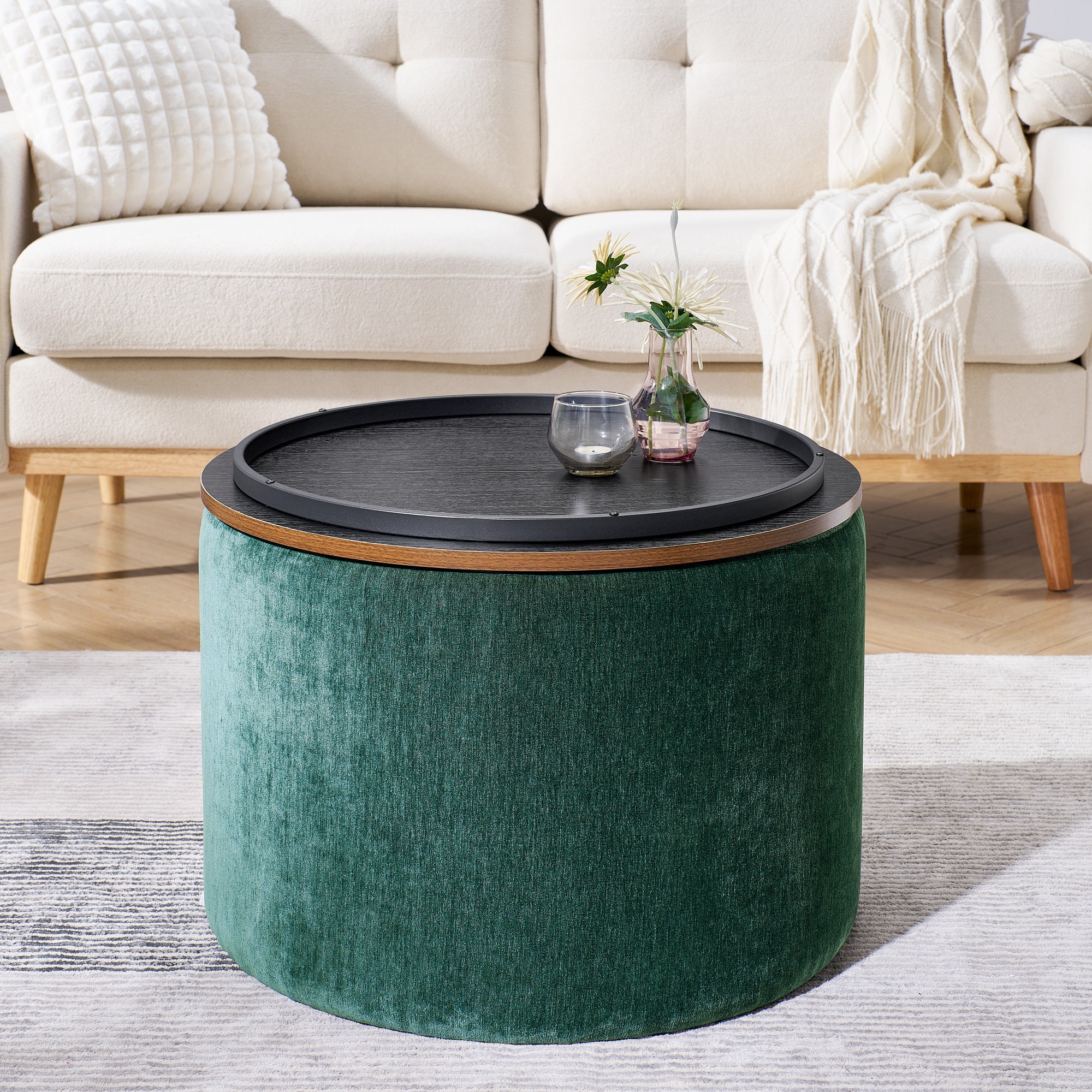 Aukfa 2-Piece Round Storage Ottoman Set with Vanity Stool, Chenille Upholstered End Table for Living Room & Bedroom, Green