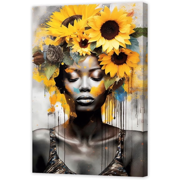 AVOI African American Woman Wall Art Abstract Black Women Painting Canvas Sunflower with Girl Picture African Portrait Prints Home Decor (B) Frame: 12x18in