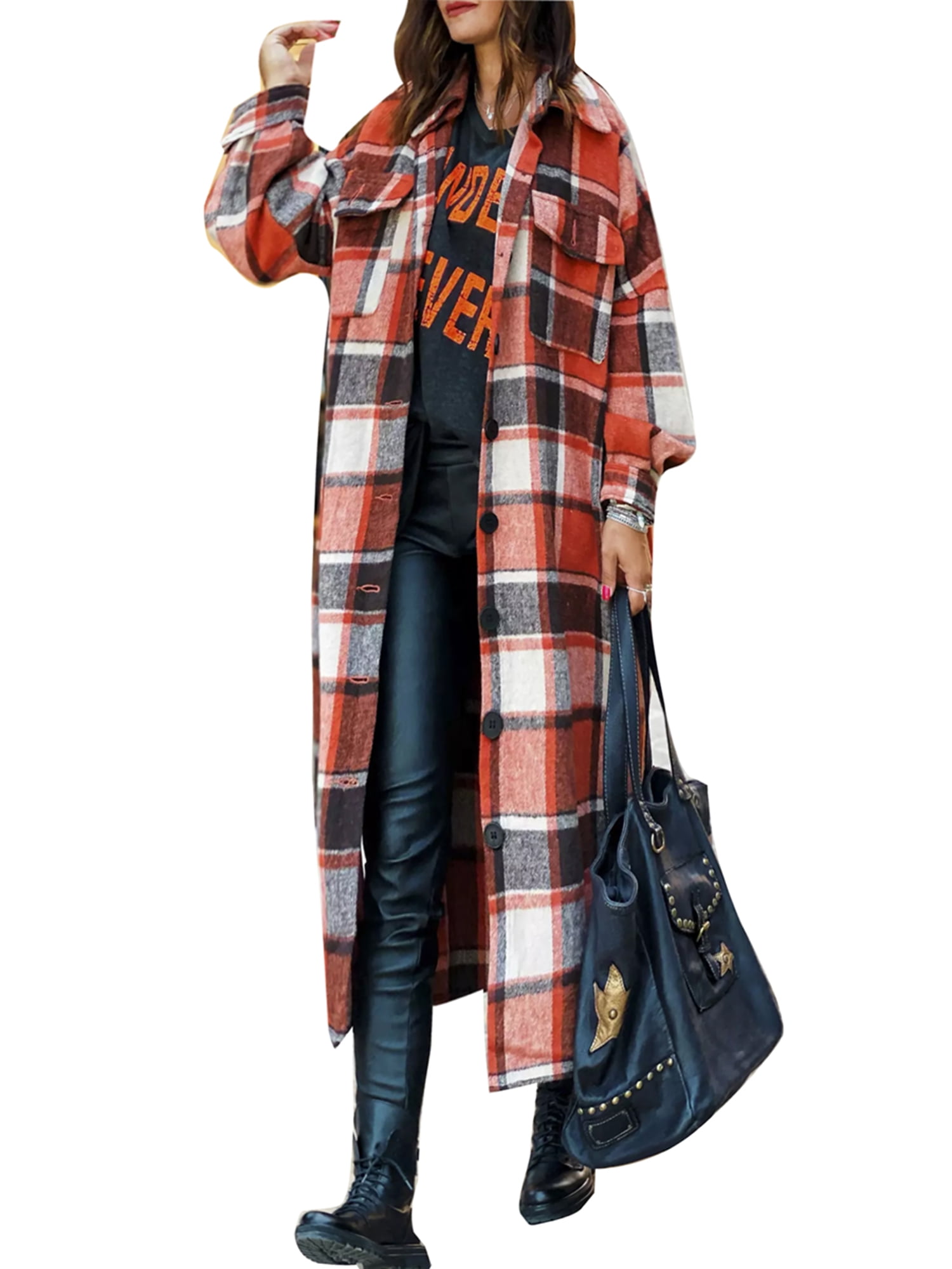Jbeelate Women Plaid Cardigan Long Sleeve Lapel Button Down Plaid Trench Coat ShirtFall Winter Jackets Overcoat, Women's, Size: Large, Red