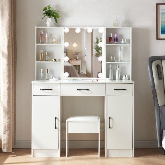 Teousev Vanity Set with Mirror and Lights and Stool, Modern Makeup Vanity Desk with Shelves & Drawers for Women Girls, White