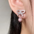 thumbnail image 2 of Boho Pink Crystal Bow Earrings Silver Cz Bowknot Earrings Teardrop Rhinestone Stud Earrings Diamond Bow Shape Dangle Earrings Wedding Birdal Earrings Jewelry For Women, 2 of 7