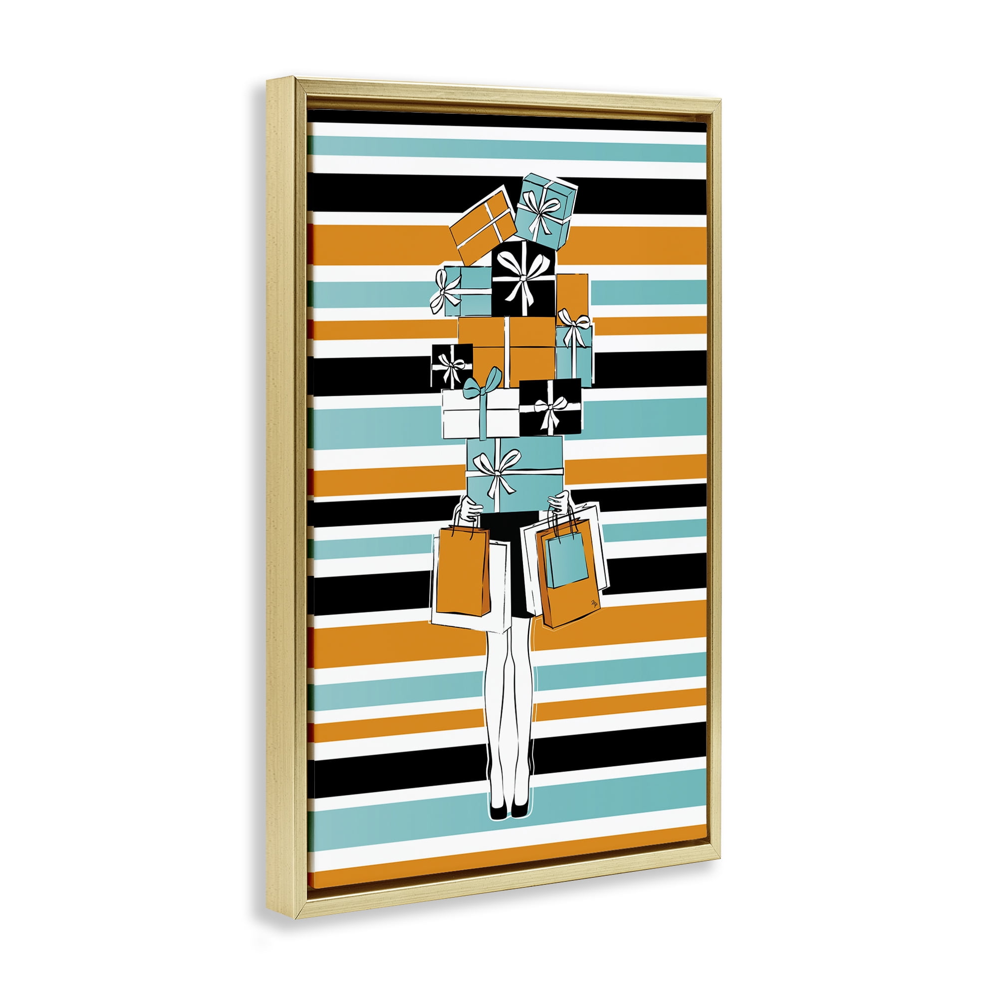 Stupell Industries Stacked Shopping Boxes Beauty & Fashion Painting Gold Floater Framed Art Print Wall Art, 21 x 31