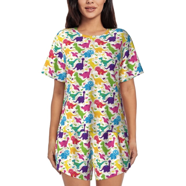 Fotbe Colorful Dinosaurs Conjunto de Pijama Estampado para Mujer, 2 Piezas, Ropa de Dormir con Camiseta de Manga Corta y Shorts Suaves-XX-Large