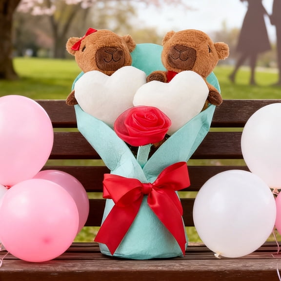 LEWEEN 11.8 Inch Valentine's Day Capybara Bouquet Plush, Medium Capybara Plush Toy with Heart Accents, Adorned with Pink Satin Bow, Soft Cuddly Design Perfect for Gift Giving and Home Decor