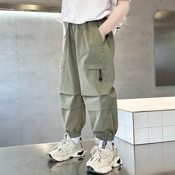HOMADLES Cargo Pants for Boy with Pockets Elastic Waist Sports Outdoor Hiking Casual, Jogger Pants Army Green 5 T