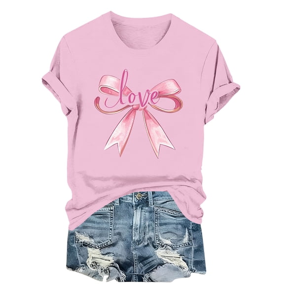 Relaxed Fit Valentine's Graphic Tee – Women's Love Theme T-Shirt with Bow Detail, Casual Short Sleeve Round Neck Printed Top for Cute Spring Summer Date Nights