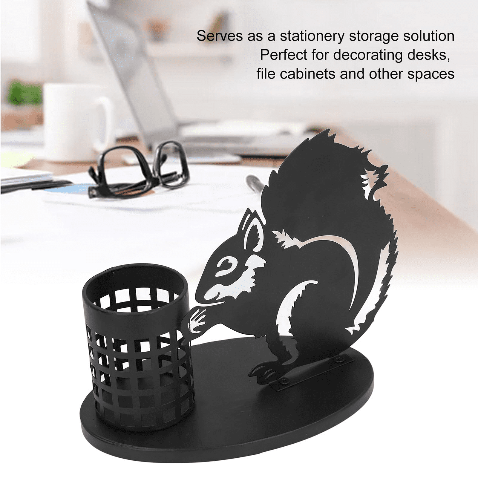 Modern Black Metal Desk Accessories Squirrel Stationery Organizer and Vase for Pencils Markers and Brushes Unique Aesthetic Tabletop Storage with Easy Assembly