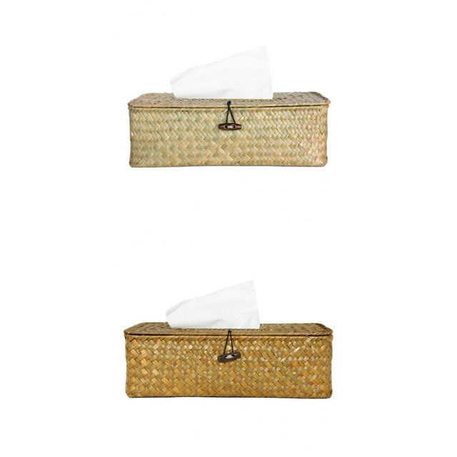 Caja de Cubierta de Caja Del Tejido Del Tejido de Paja Natural Del Estilo 2pcs Baoblaze Caso de tejido