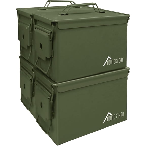 HOMESTEAD 50 Cal Metal Ammo Can – 4 Pack M2A1 Military Steel Ammo Storage Box, Airtight and Water-Resistant Ammunition, Green Color