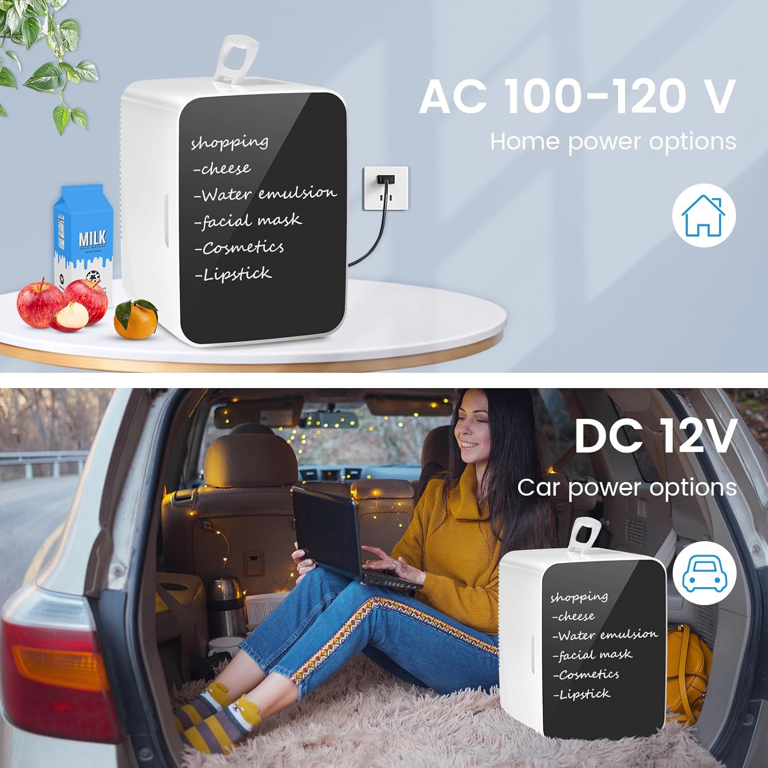 WAA Portable 2.6 Gal Mini Fridge with AC/DC Adapters 10 Liter Cosmetics Cooler for Beverage Food Skincare,White (Bedroom/Office/Car)