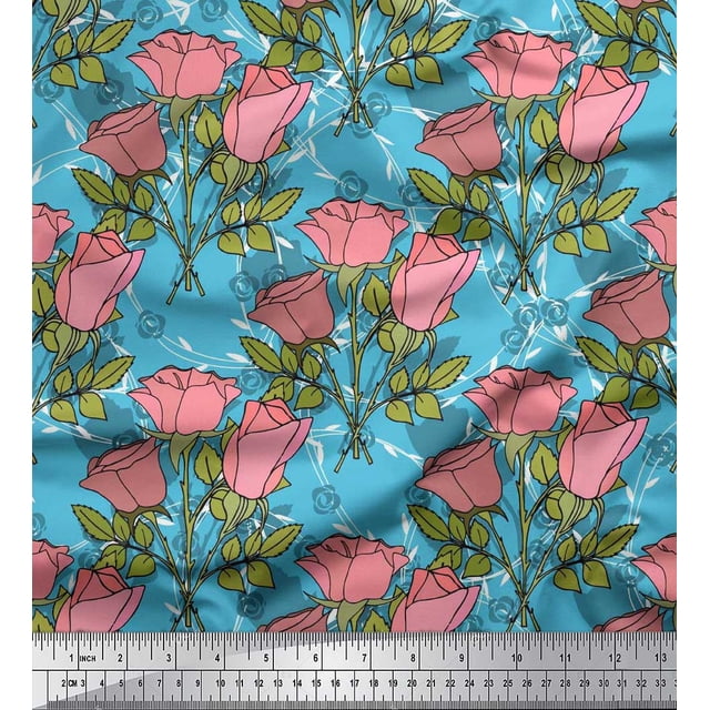 Soimoi Tissu en Voile de Coton Imprimé Feuilles & Roses au Mètre 42 Pouces de Large