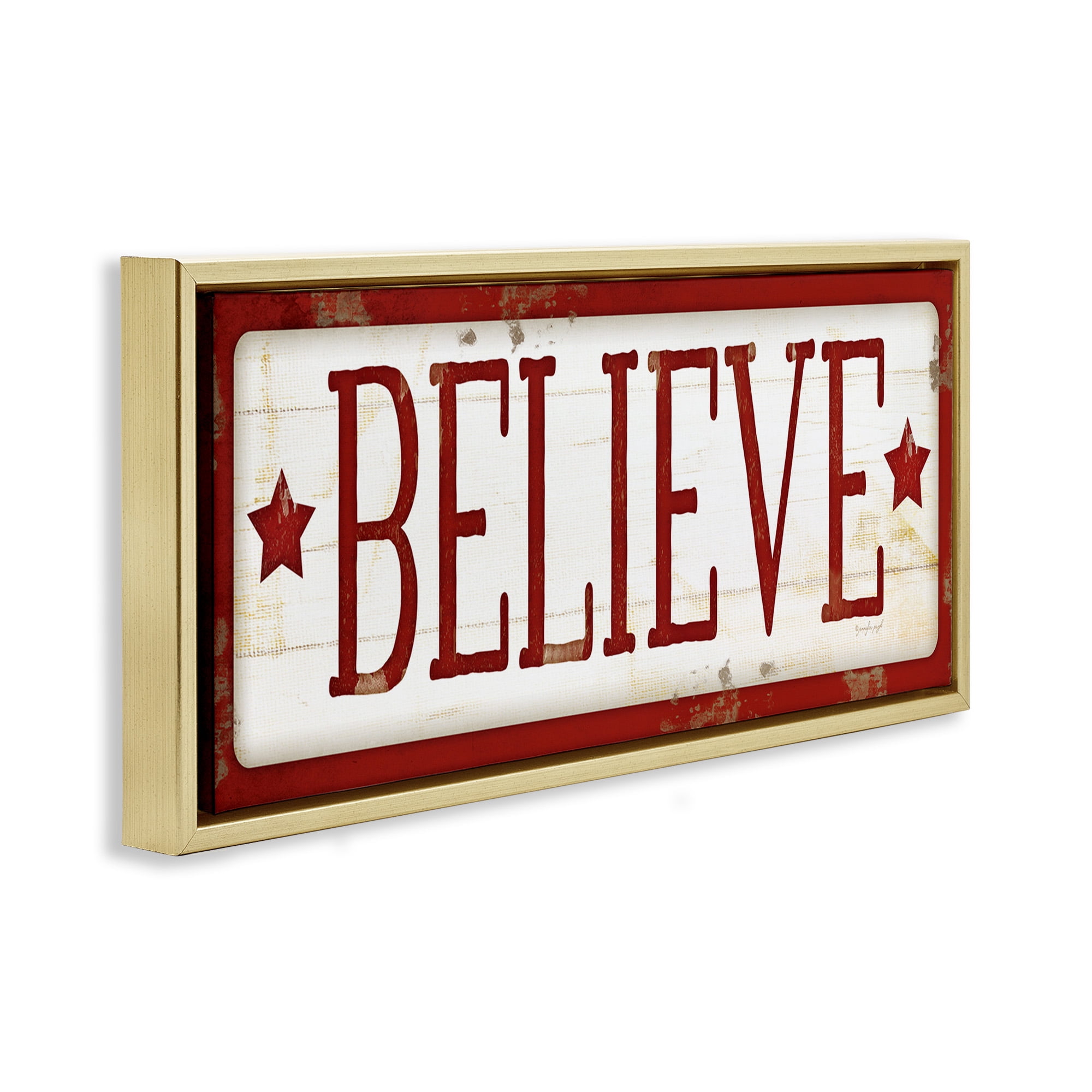 Stupell Industries Believe Red Christmas Phrase Holiday Painting Gold Floater Framed Canvas Art Print Wall Art, 25 x 11