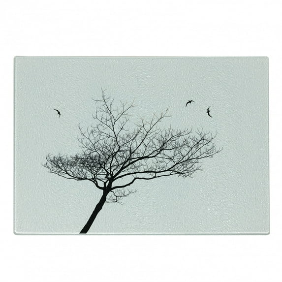 Black and White Cutting Board, Silhouette of a Tree and Flying Birds Simple Minimalistic Design Art, Decorative Tempered Glass Cutting and Serving Board, Small Size, Black White, by Ambesonne