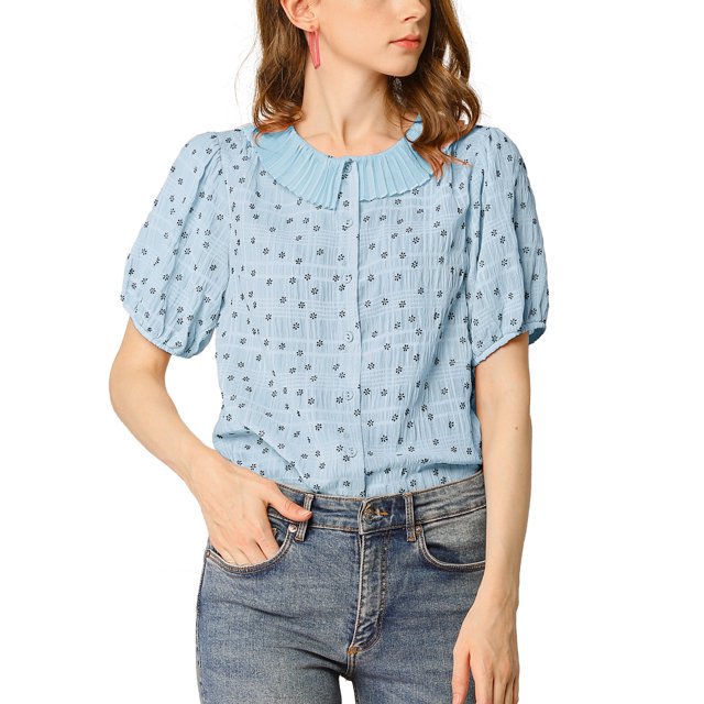 INSPIRE CHIC Chemise à Manches Bouffantes Florale pour Femmes avec Col Plissé et Boutons