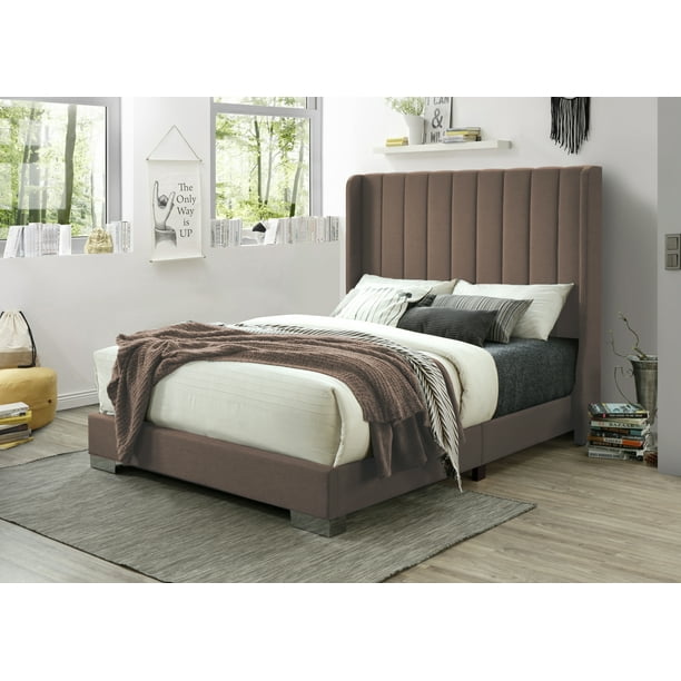 Shandi Channel Tufted Linen Blend Bed Frame with High Headboard, Brown