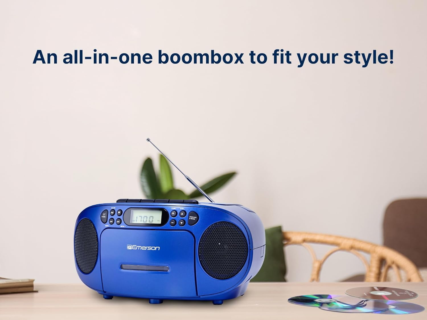 Emerson Portable CD Player Boombox with Cassette Player, AM/FM Radio, Tape Recorder, AUX, Headphone Jack, Dual Speakers, AC/DC & Battery Operated - Stereo System for Home, Indoor & Outdoor Use