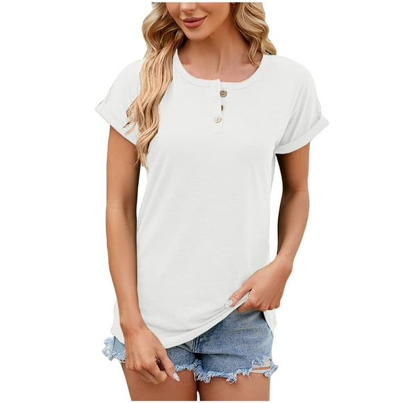 hopeusnice Women's Trendy Elegant Business Workwear Shirts Casual Loose Short Sleeve Fashion Solid Color Tunic Scoop Neck T-Shirts Crochet Eyelet Blouse with Button Summer