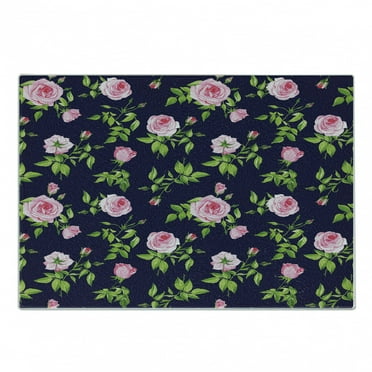 Navy and Blush Cutting Board, Vintage Roses and Buds Romantic Feminine Floral Pattern Old Fashioned, Decorative Tempered Glass Cutting and Serving Board, Small Size, Indigo Green Pink, by Ambesonne