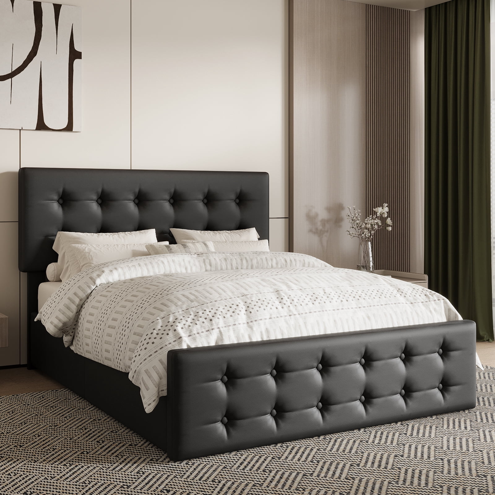 Full/Queen/King Size Upholstered Platform Bed Frame - Adjustable Headboard & 4 Storage Drawers, Button Tufted Design, No Box Spring Needed