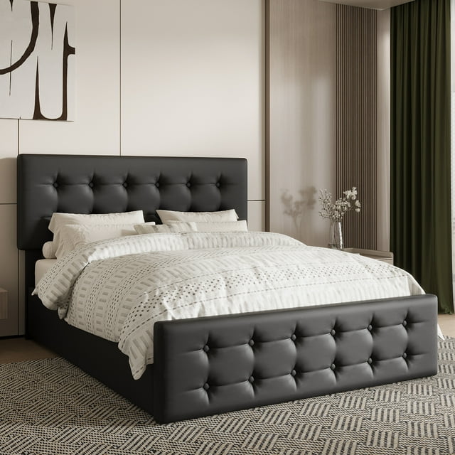 EDTara Upholstered Full/Queen Bed Frame with 4 Storage Drawers, Button Tufted Headboard, Linen Platform Frame with Wooden Slats, No Box Spring Required
