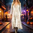 thumbnail image 2 of Huowey Halloween Witch Women Gothic Skeleton Dresses Flowy Elegant Cosplay Party Gown Long Sleeve V-Neck Trendy Trick Or Treat Dress,Beige,XXXL, 2 of 5