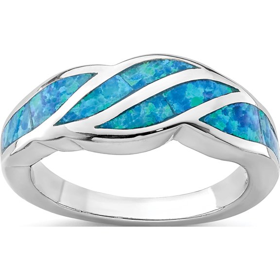 Sterling Silver Rhodium-Plated Created Blue Opal Inlay Ring (Size 8) Made In China qr6992-8