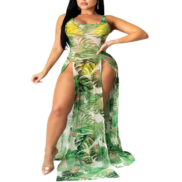 Robe de Plage Rétro en Chiffon pour Femmes, Imprimé Bikini, Couverture de Maillot de Bain Boho, Vert S