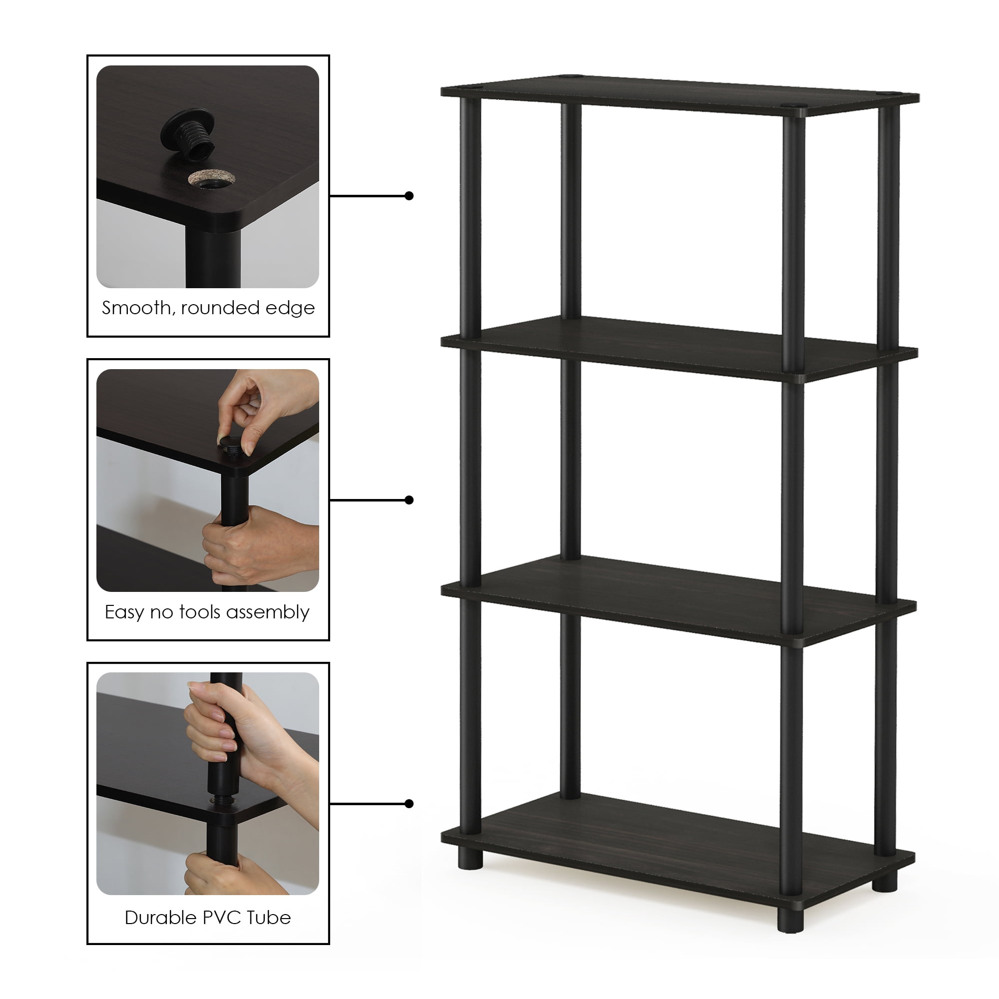 Furinno TURN-N-TUBE Storage Shelves, 4-Tier Book Shelf, Corner Shelf, Toolless Open Shelves, for Organization and Storage, Living Room, Bedroom, Entryway, Laundry, Black Espresso