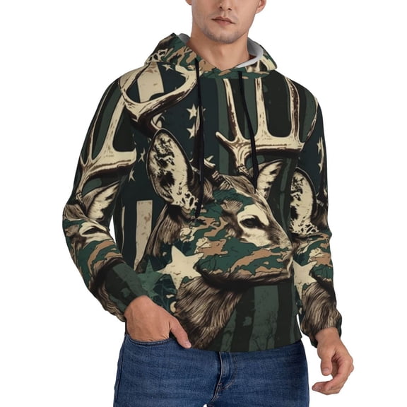 Men's Hoodie Pullover Casual Hooded Sweatshirt 3D, Deer Camo American Flag Camouflage