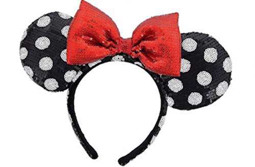 Disney Parks Red Bow Blue Mickey Minnie Mouse Sequin Ears Headband 