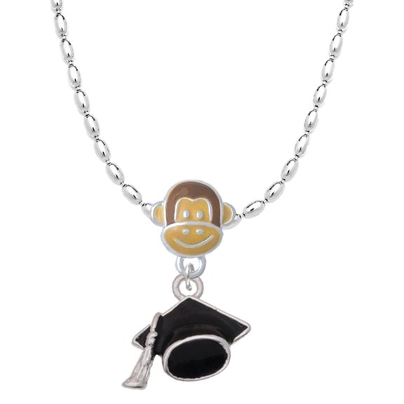 Delight Jewelry Silvertone 3-D Graduation Hat Mia Monkey Charm Necklace