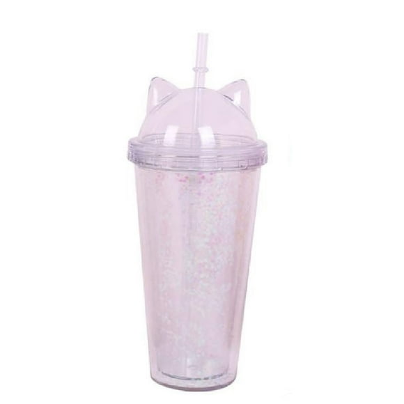 Vaso Glitter con Popote y Tapa con Orejas de Gato Gatito Transparente HappyWare 400ml Glitter Transparente