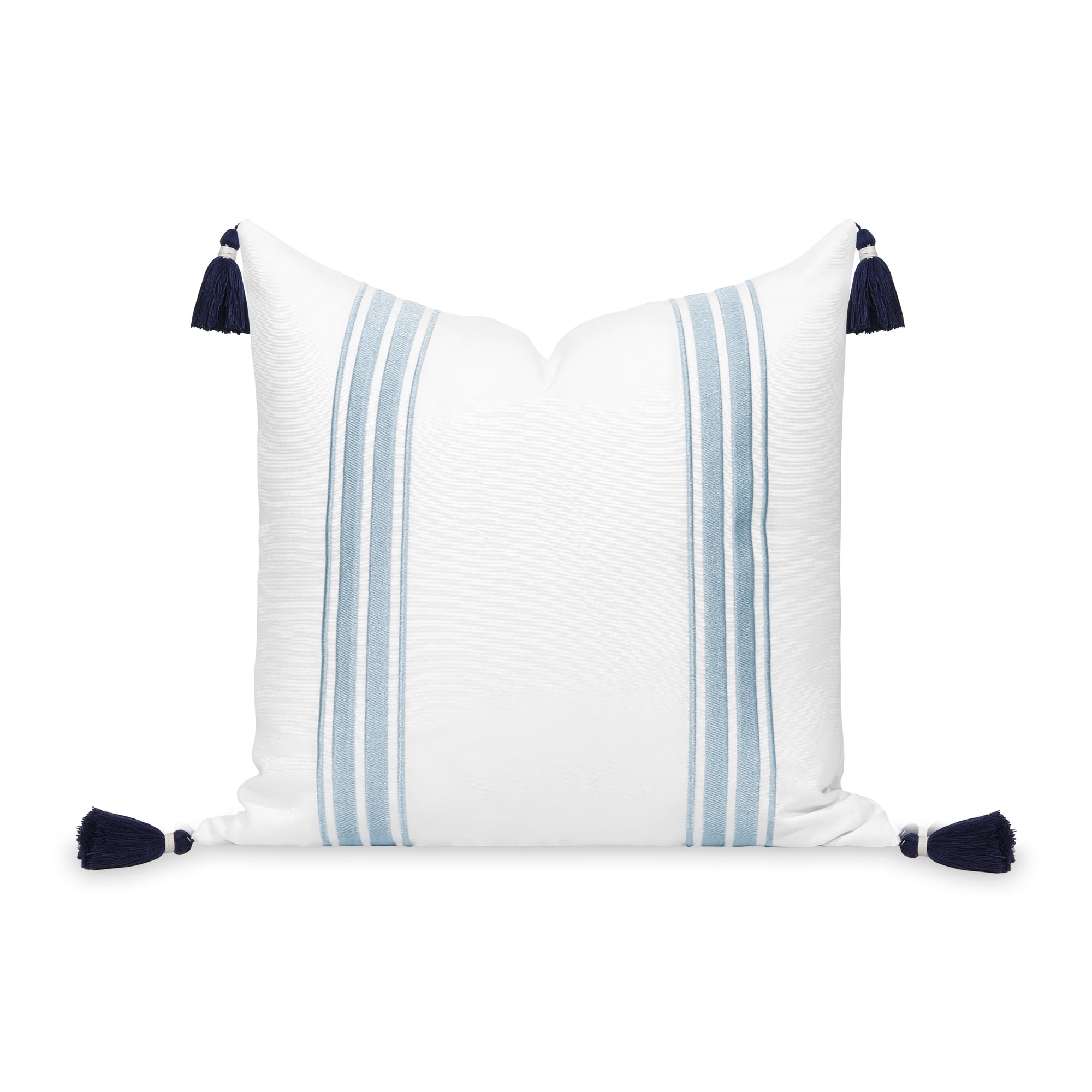Hofdeco Premium Coastal Patio Indoor Outdoor Throw Pillow Cover Only, 20"x20" Water Repellent for Backyard, Couch, Baby Blue Embroidered Stripes with Tassels