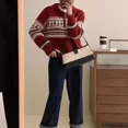 thumbnail image 5 of Suéter de punto con solapa roja vintage para mujer, suéteres de punto de jacquard informales a la moda para otoño e invierno, para Navidad y Año Nuevo, 5 of 5