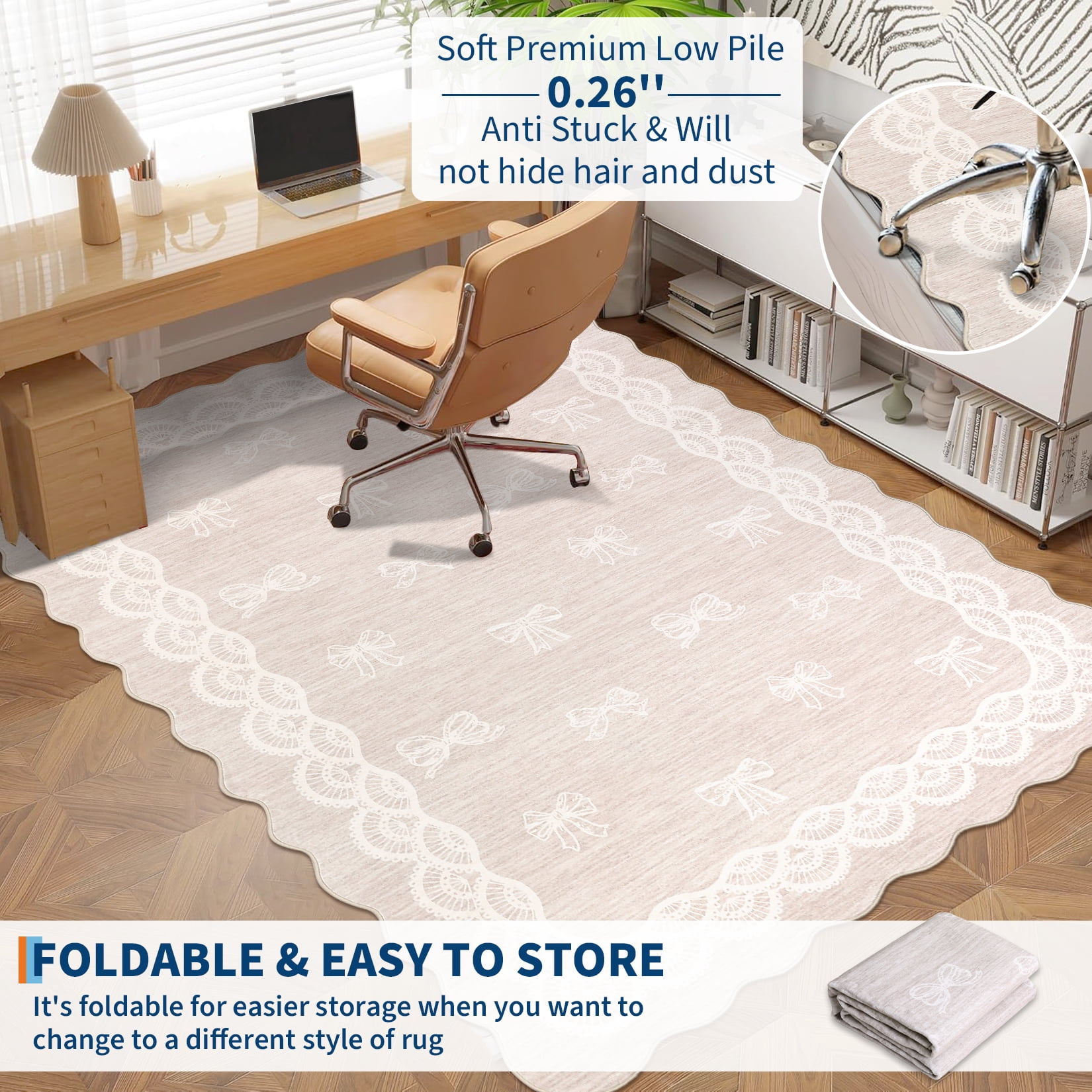 Garvee 9x12 Wave Border Area Rug Coquette Bow Pattern Carpet, Machine Washable Low Pile Rug with Non-Slip Backing for Living Room Bedroom Home Office, Beige